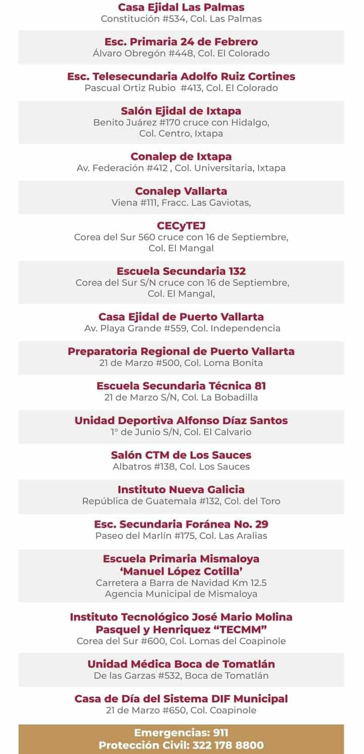 Shelters for Hurricane Roslyn