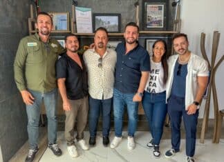 (left to right) Director of Commercial and Service Liaison Luis Tello; Director of Operations Alfredo Soria; Vallarta Pride Organizing Committee President Javier Jiménez; Puerto Vallarta Mayor Luis Munguía; Deputy and City Councilwoman Melissa Madero; and Director of Public Relations Carlos Plascencia. Photo provided.
