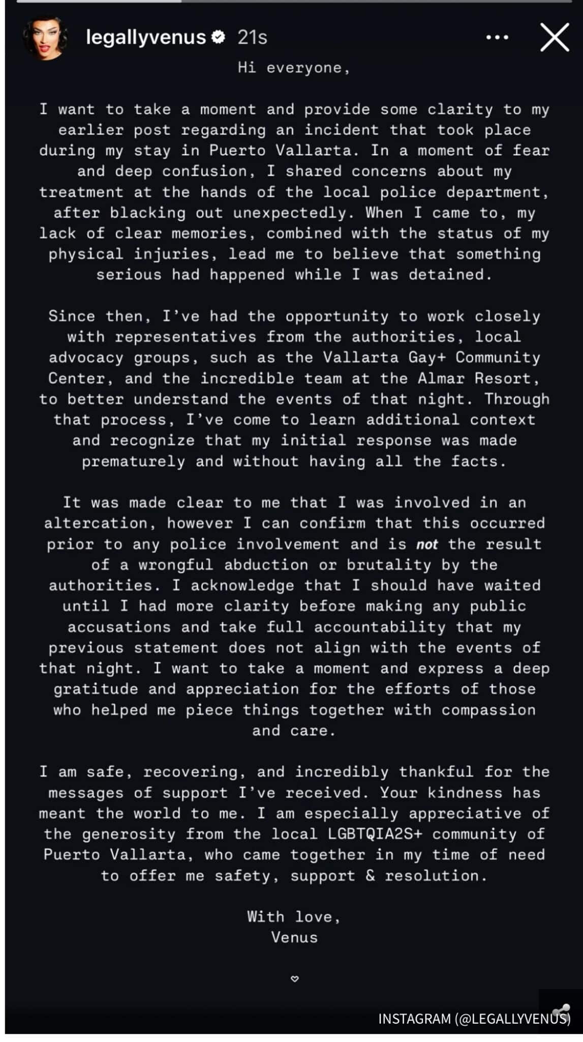 venus retraction instagram story