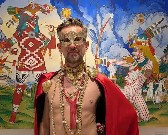 Arte Vallarta Unveils Exhibitions of d’Eon, Amatlapalli, and Jones Felix d'Eon. Posing in front of the amazing art created as Chicome Itzcuintli Amatlapalli..jpeg