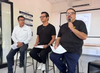 (left to right) Victor Espindola, with MOVII Mexico and part of the Vallarta LGBTQ+ Collective; Poncho Davalos and Pedro Lopez, executive director of the Gay+ Community Center. Photo by Jerry Jones