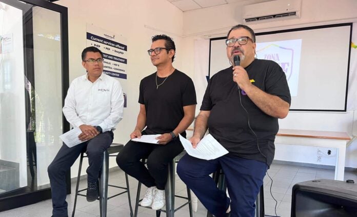 (left to right) Victor Espindola, with MOVII Mexico and part of the Vallarta LGBTQ+ Collective; Poncho Davalos and Pedro Lopez, executive director of the Gay+ Community Center. Photo by Jerry Jones
