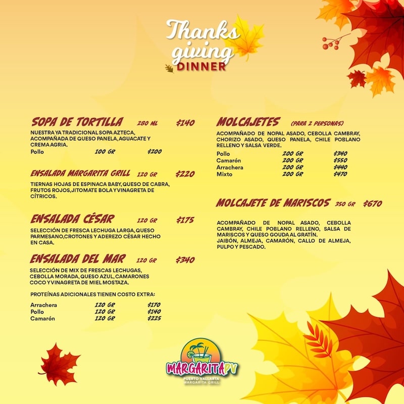 Margarita PV menu thanksgiving 2