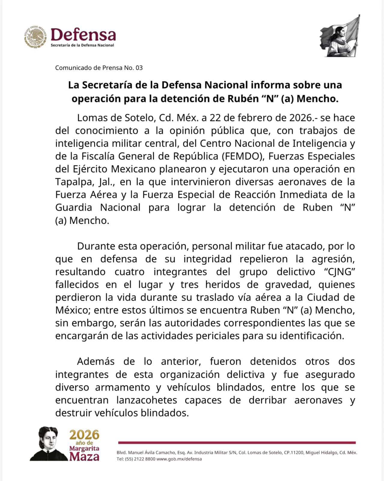 military press release on capture