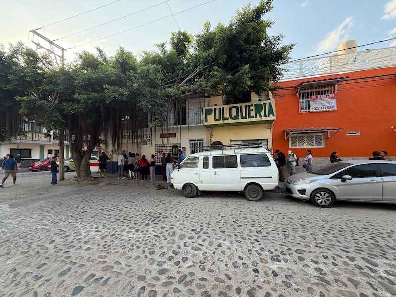 people lined up for food