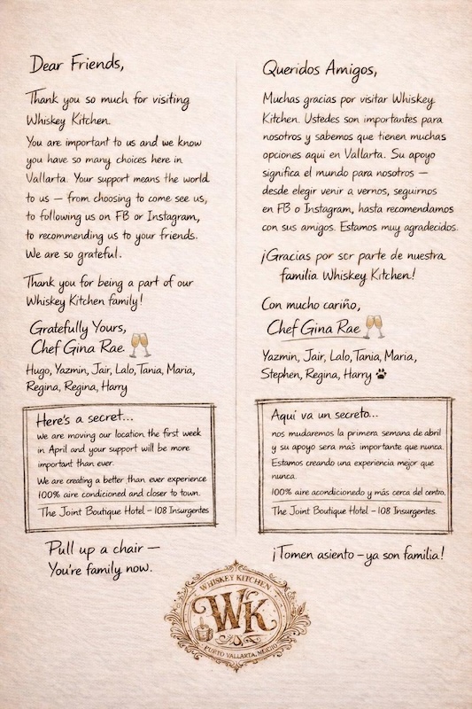 whiskey kitchen moving announcement