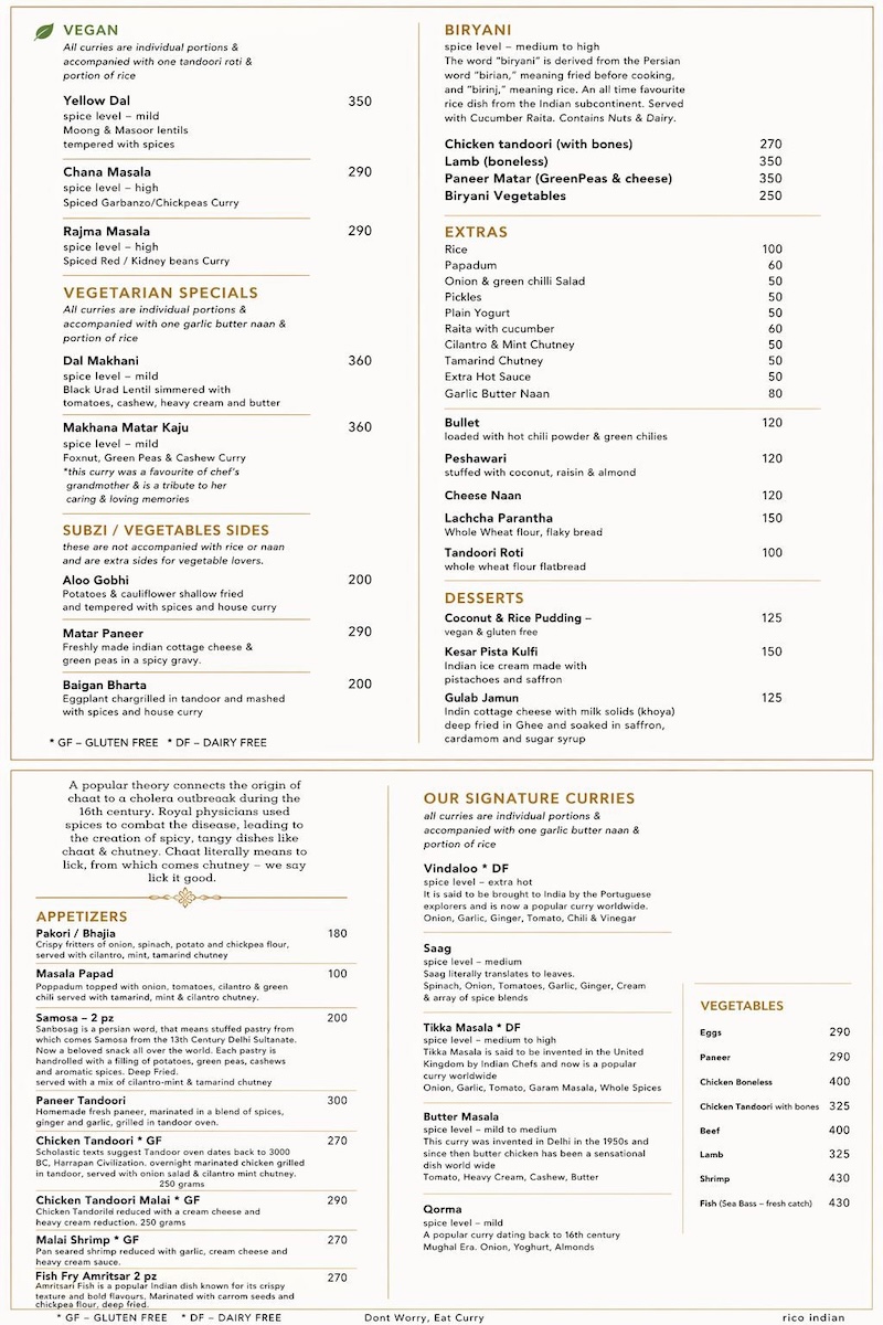 Rico Indian summer menu 2026