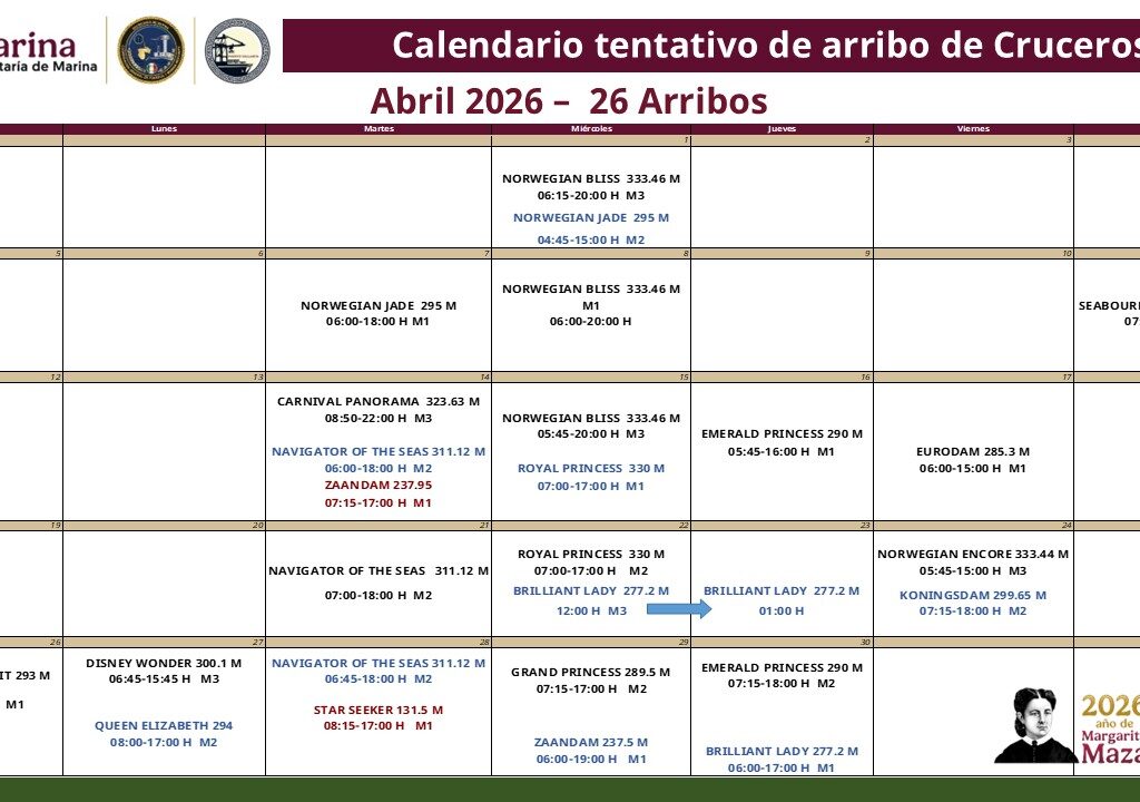 calendar of cruises for april 2026